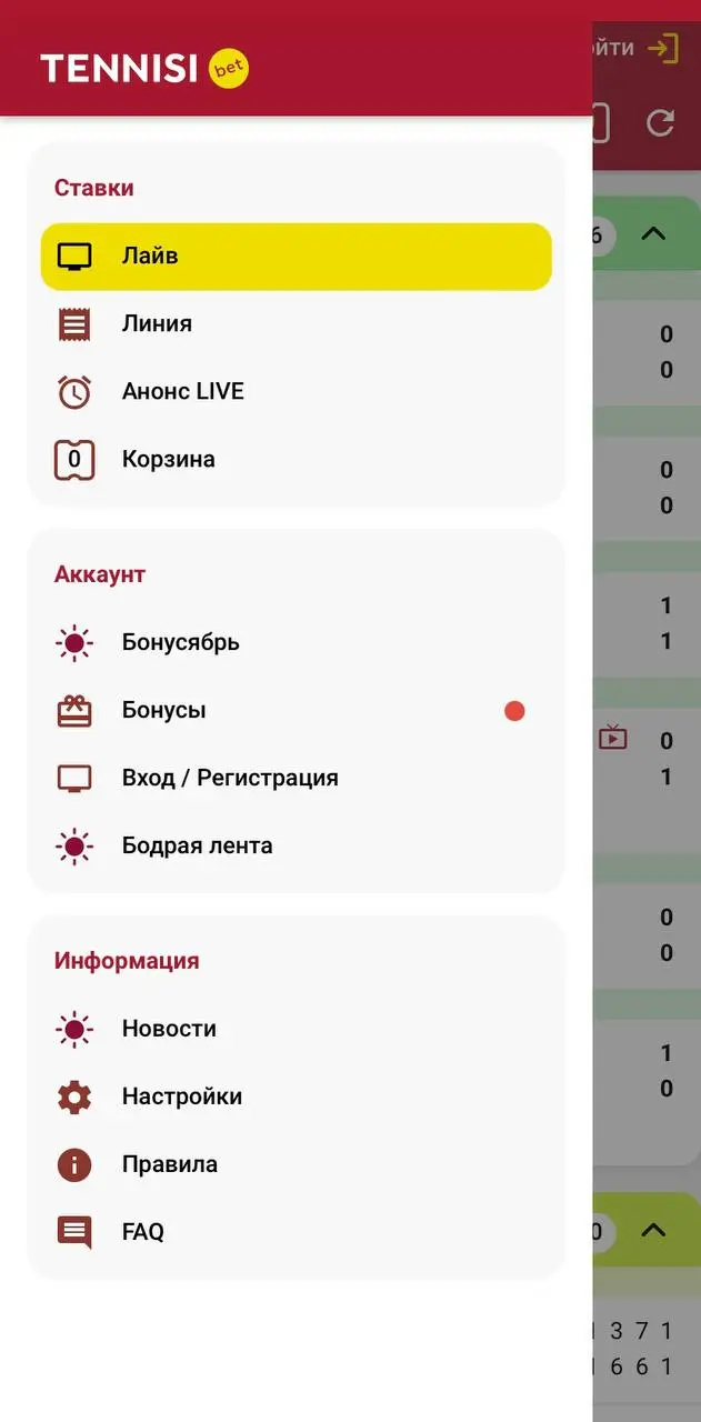 Разделы в приложении Tennisi
